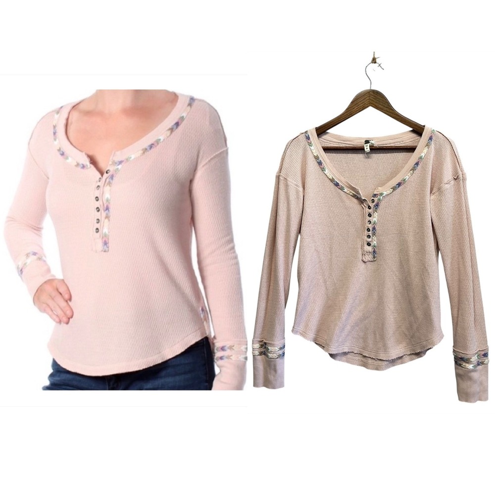 Free People Womens Size M Crochet Cuff Waffle Knit Pink Henley Thermal Top Scoop